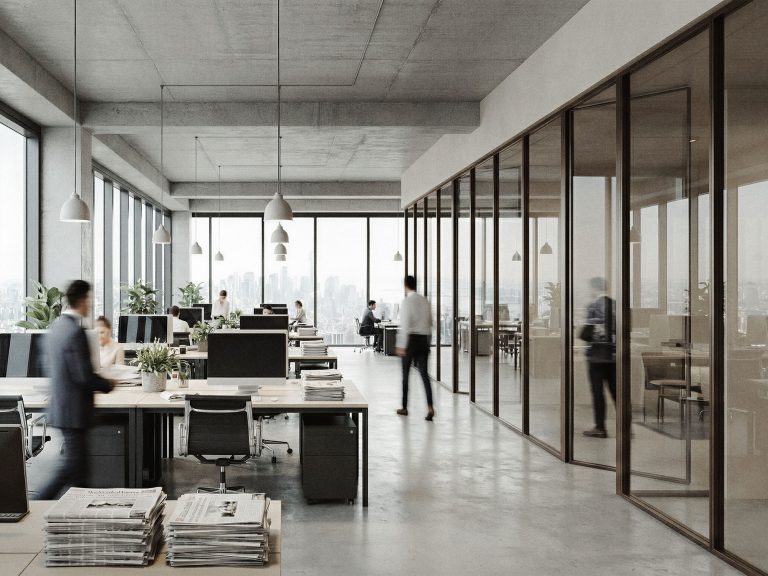 Ufficio open space con pareti divisorie in vetro a tutta altezza e telaio scuro