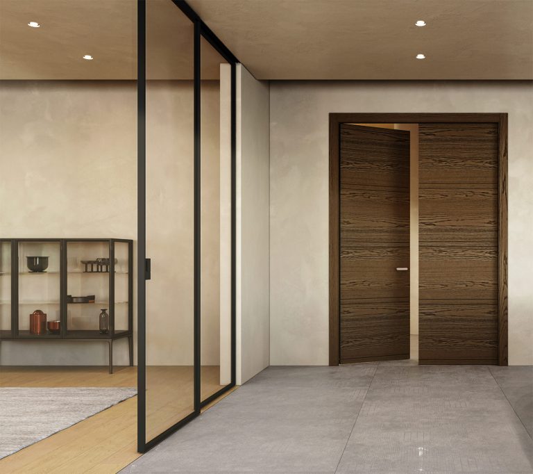 Porta a due ante Intaglio 10 in legno Iride scuro, ingresso con parete vetrata a telaio nero