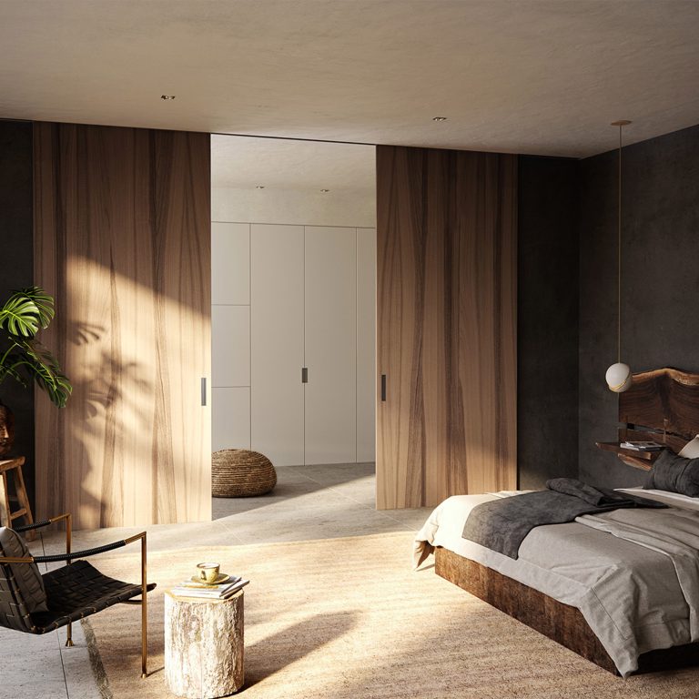 Camera da letto con grandi pannelli scorrevoli Scenario Lignum in legno scuro, luce dalla finestra (quadrata)