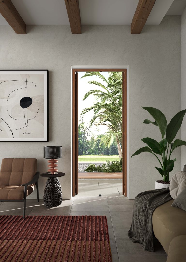 Render: soggiorno con portafinestra e persiana Maxima Padovana aperta
