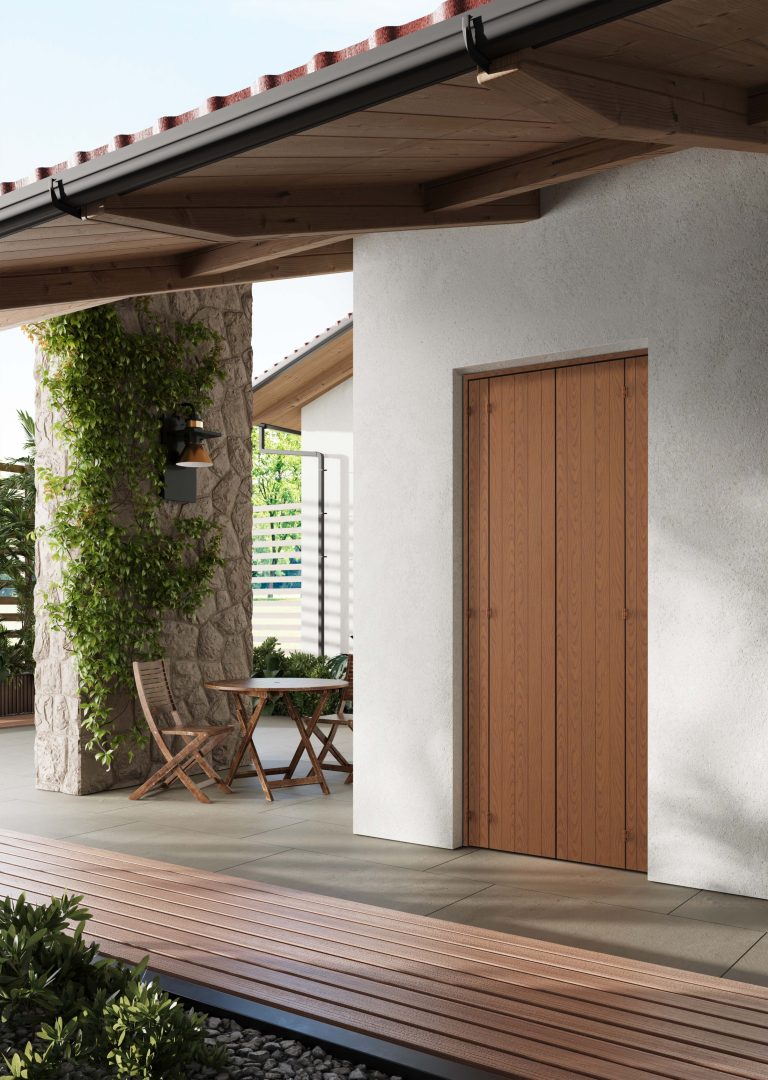 Render: portico con pergola e persiana Maxima Padovana chiusa, vista laterale