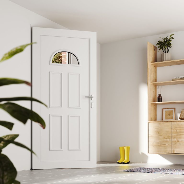 Portoncino bianco classico a pannelli con lunetta, ingresso interno (render Finstral)