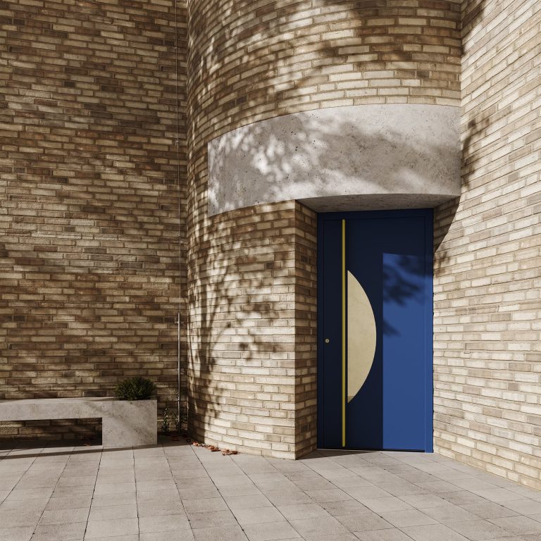 Portoncino blu con inserto su facciata curva in mattoni (render Finstral)