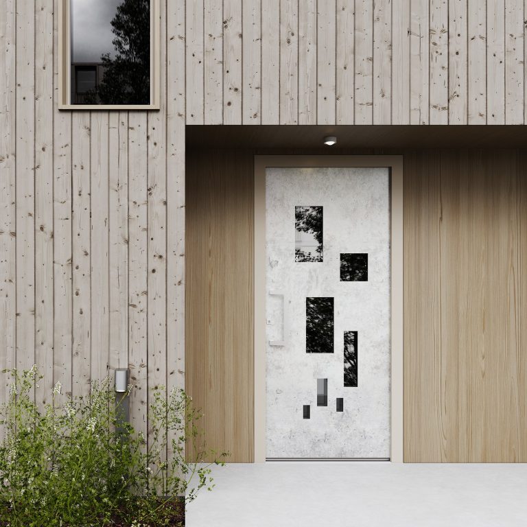 Portoncino chiaro con inserti vetrati su facciata in legno (render Finstral)