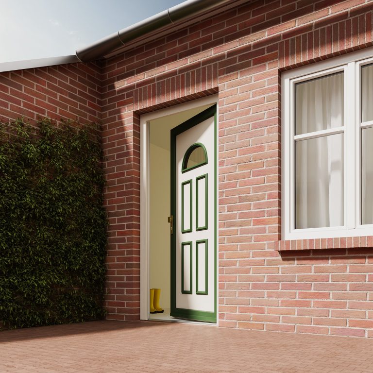 Portoncino verde con vetro ad arco su facciata in mattoni (render Finstral)