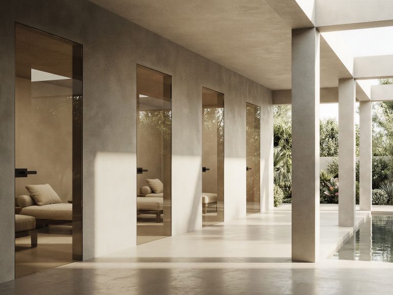 Porte Vitra in vetro tra pilastri in un living aperto sul porticato e sulla piscina